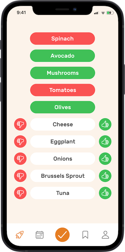 Screen for selecting food preference 